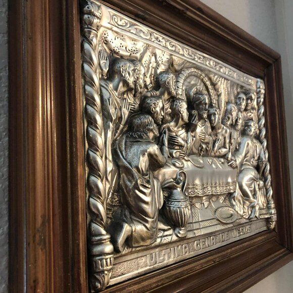 M.REGISTRADO Antique Framed Silver Repousse Relief Art Sculpture Last Supper 21" - Picture 4 of 10
